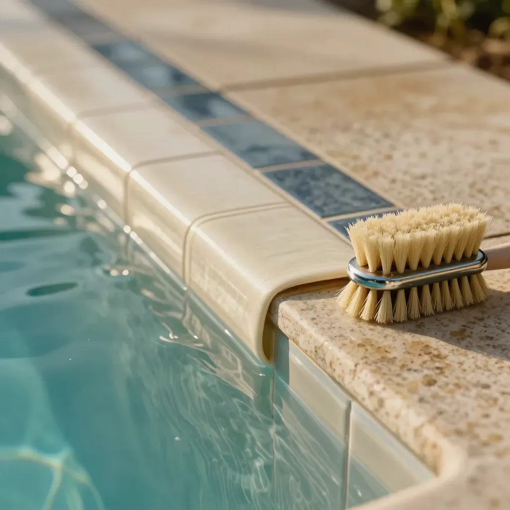 Pool waterline with a lifted liner corner and inspection brush on bright tile.