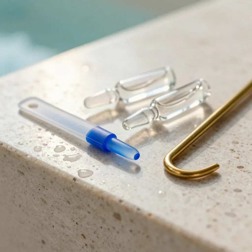 Pool test kit, reagent ampoules, and cleaning hook on travertine stone.