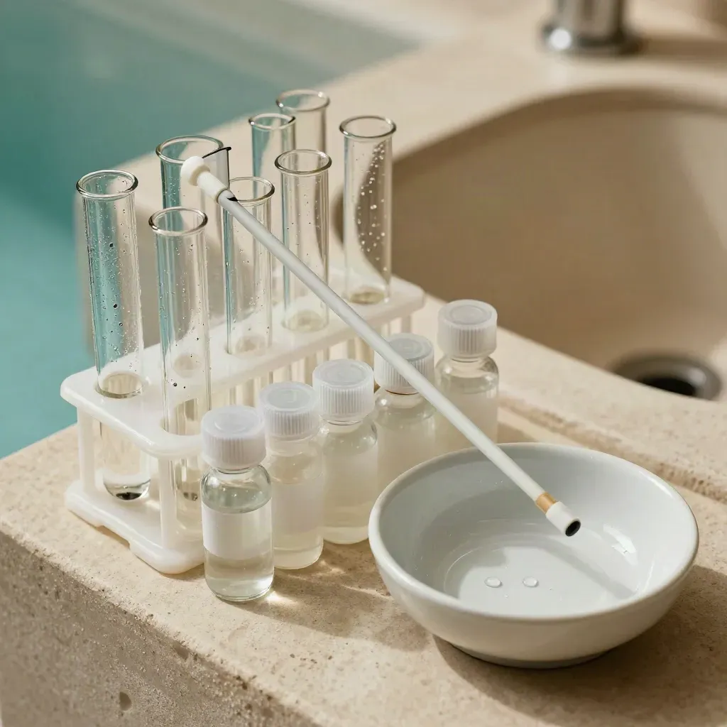 Top-down macro of pool water-testing tubes, pH probe, reagent vials and a porcelain dish with droplets.