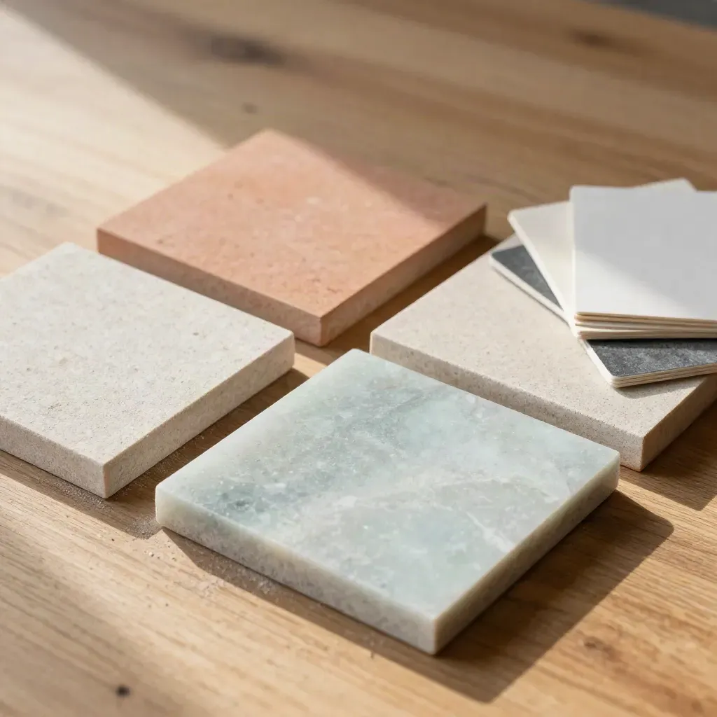 Pool renovation samples on a warm wood table in soft daylight, editorial still life.