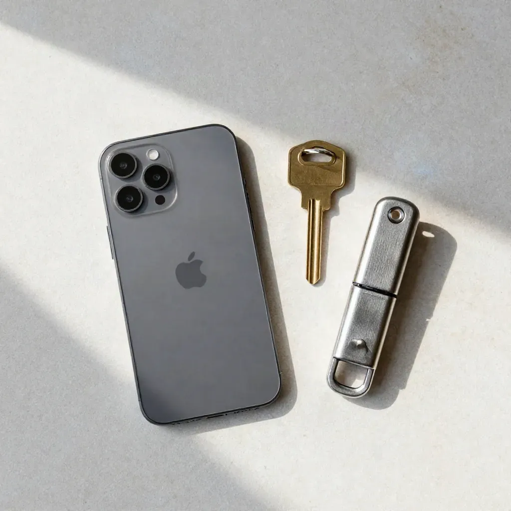 Overhead of a smartphone, brass key, and gate latch on pale stone with cool shadows.