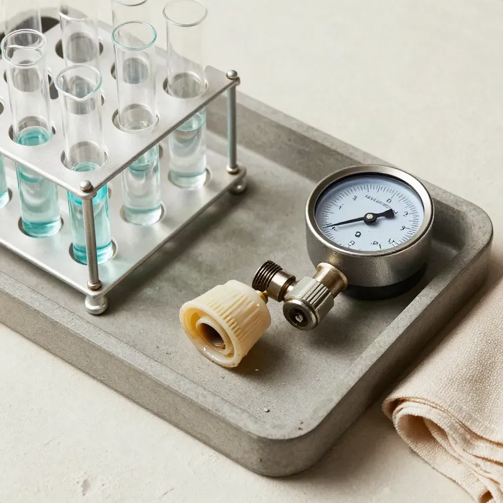 Top-down concrete tray with test vials, filter cap, pressure gauge, and folded cloth for pool inspection.