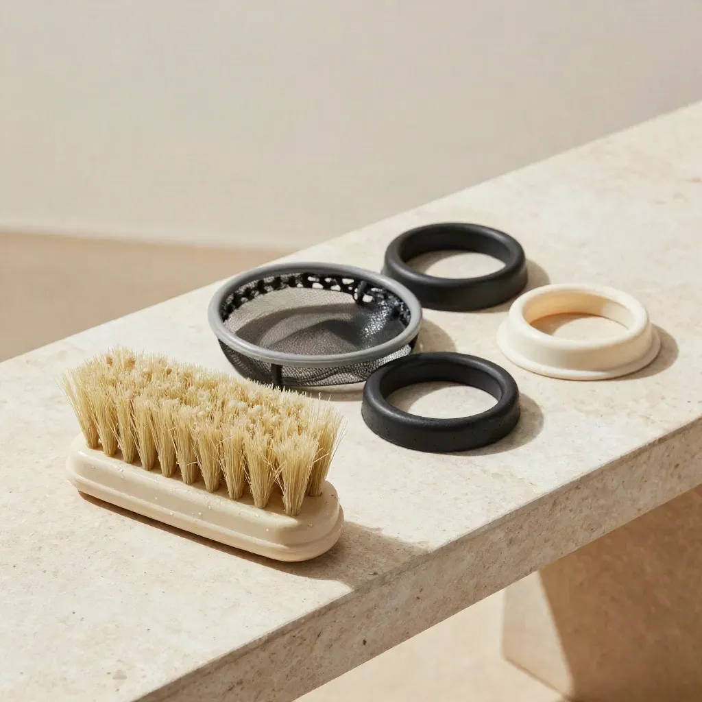 Pool brush, net rim, O-rings, and pump lid ring on pale plaster in soft daylight.
