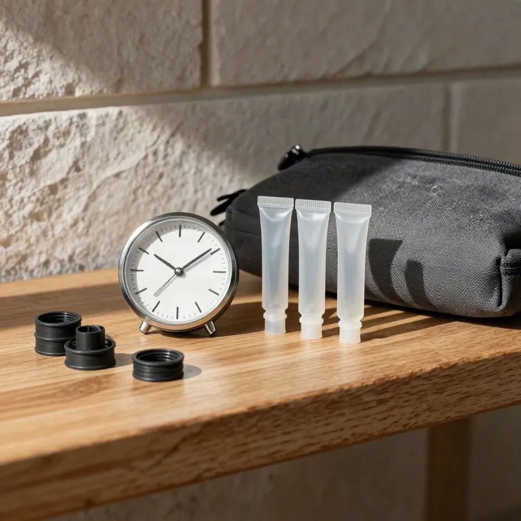 Service pouch, timer dial, seals and sample tubes on warm wood in soft daylight.