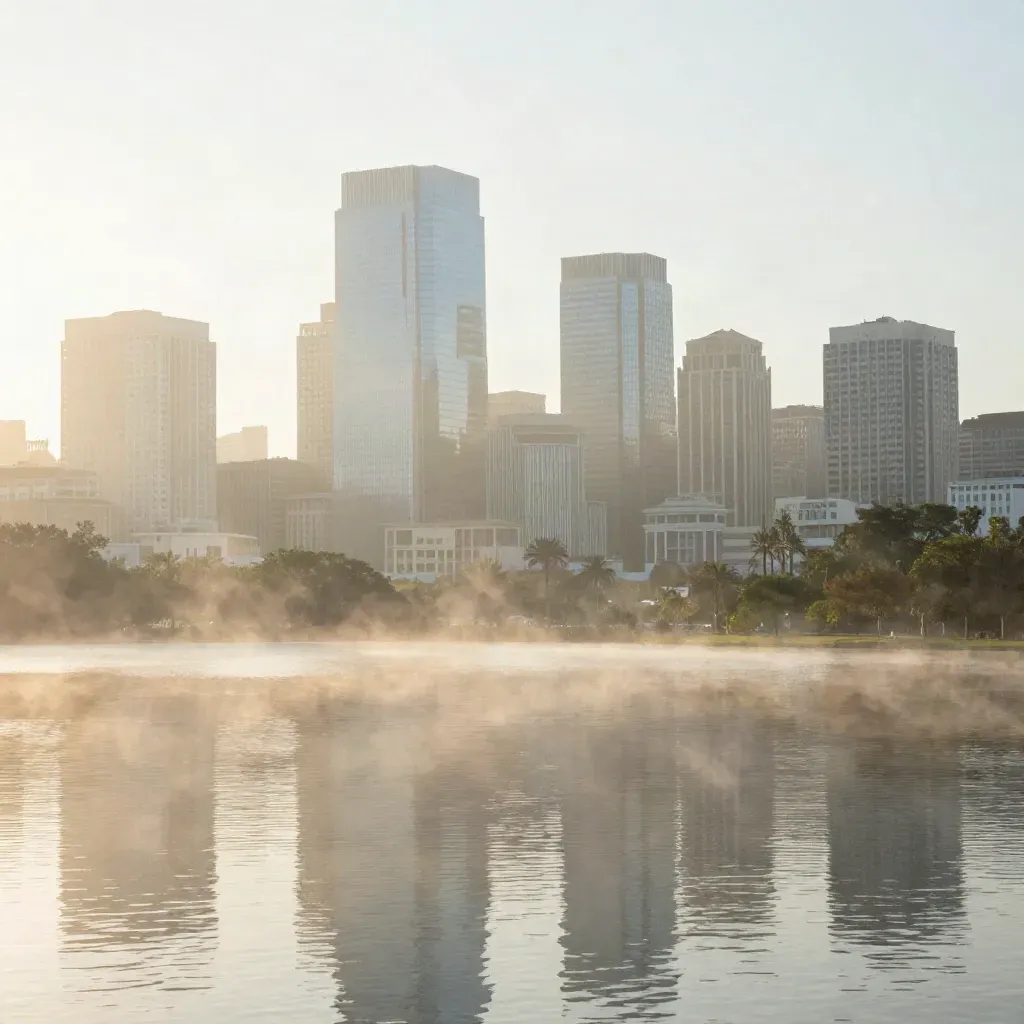 Hazy Orlando skyline at dawn above Lake Eola, with calm water, mist, and open foreground.