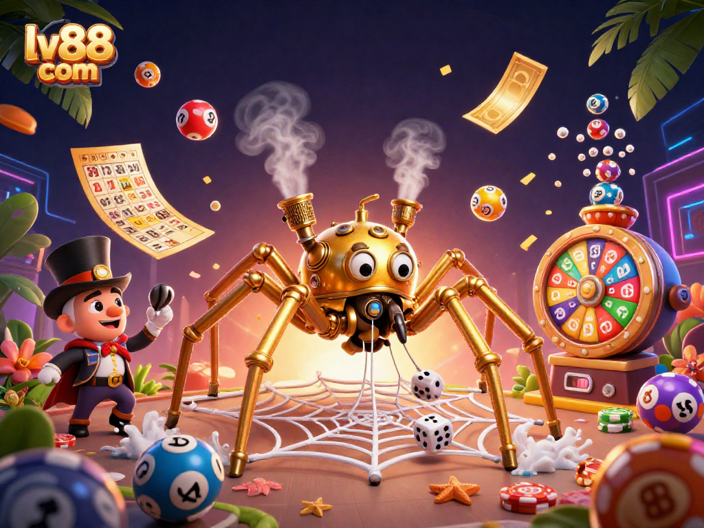 Engage with thrilling games at lv88 com featuring a whimsical steampunk spider and dynamic lottery elements.