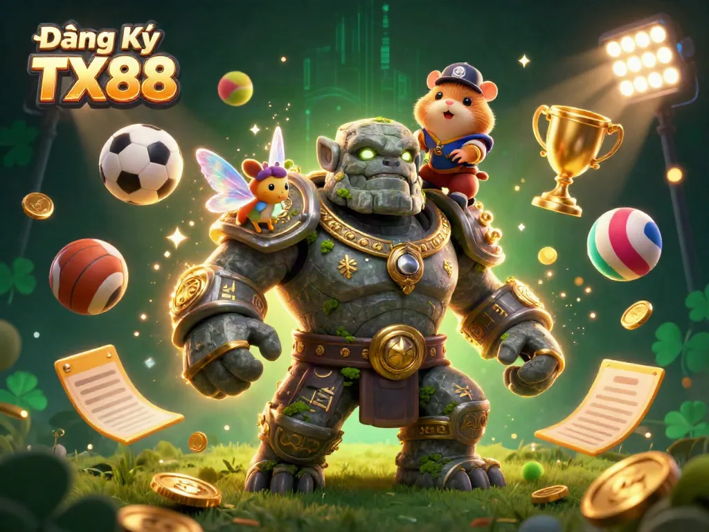 Engaging illustration showcasing Đăng Ký TX88 with an animated stone golem, fairy, and hamster knight amidst dynamic sports betting elements.
