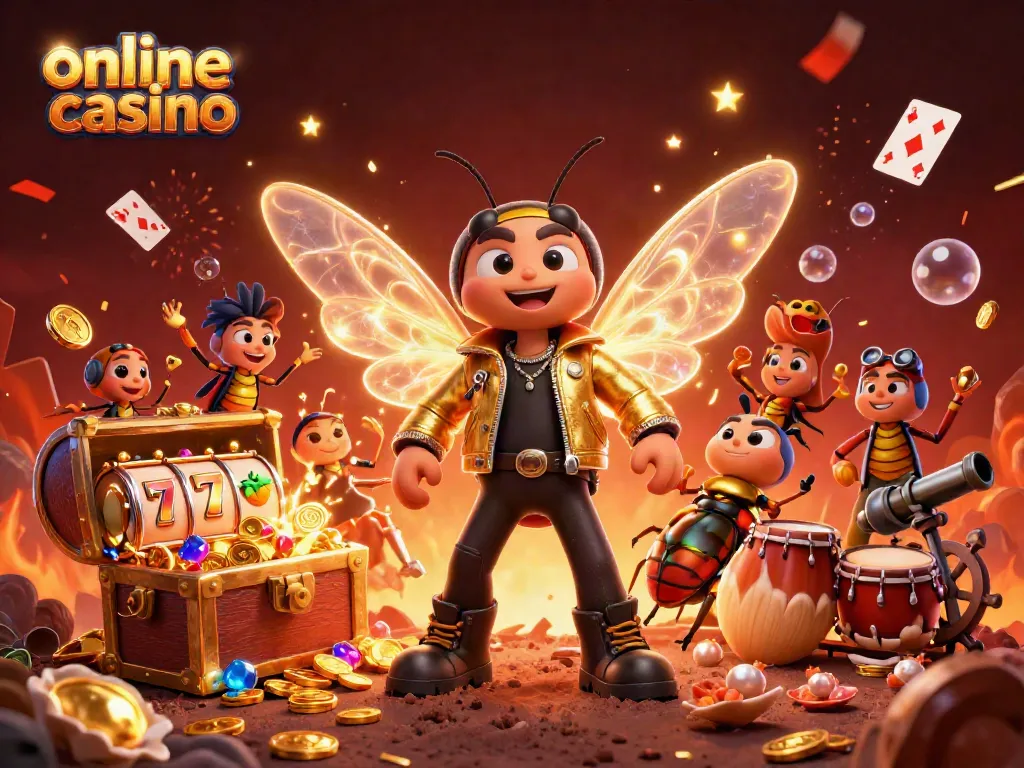 Juega en un casino online mientras la chicharra rockstar se destaca entre monedas doradas y tragamonedas.
