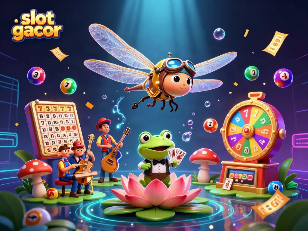 Engage in slot gacor excitement with a vibrant 3D casino scene showcasing dynamic characters and game elements.