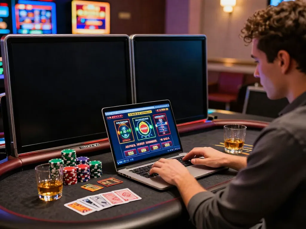 Mastercard casinos gaming scene featuring a player engaged with online slots and casino decor