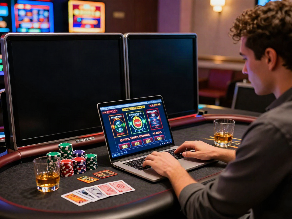 Mastercard casinos gaming scene featuring a player engaged with online slots and casino decor