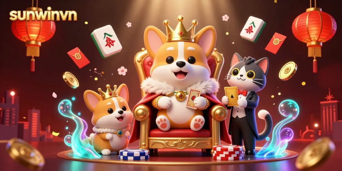 Engage gamblers at sunwinvn with a vibrant 3D casino celebration featuring charming corgis and mahjong tiles.