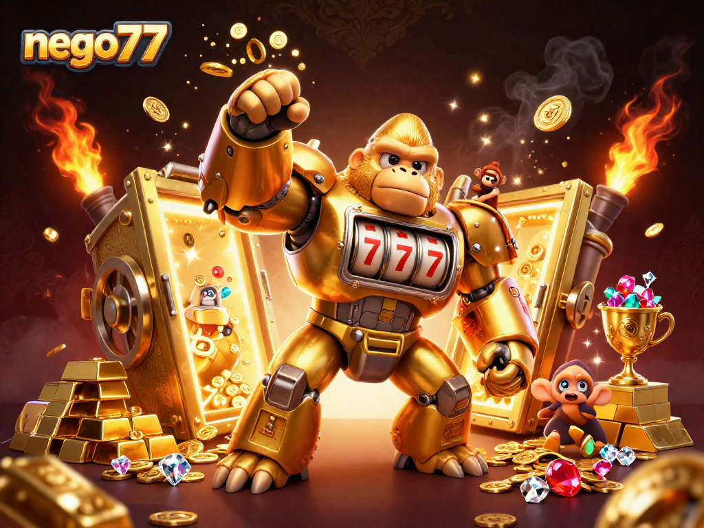 Engage in exciting casino action at nego77 with a 3D illustration of a golden gorilla mech bursting with treasures.
