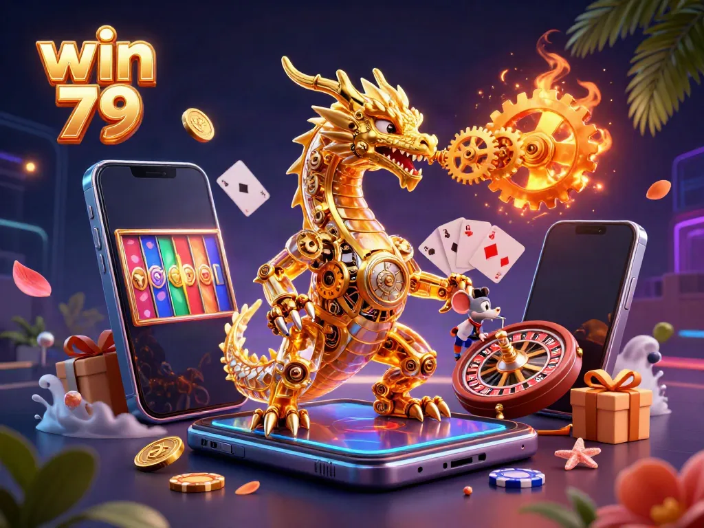Win 79 showcases vibrant slot game action with a golden dragon and engineer, creating an engaging casino atmosphere.