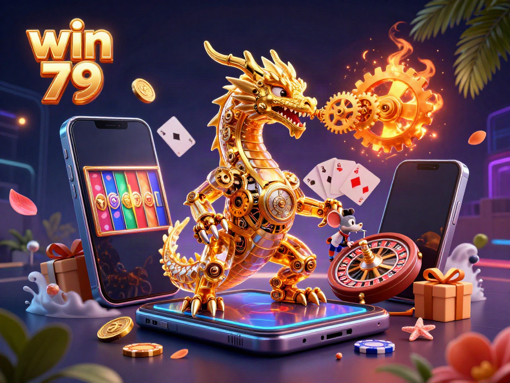 Win 79 showcases vibrant slot game action with a golden dragon and engineer, creating an engaging casino atmosphere.