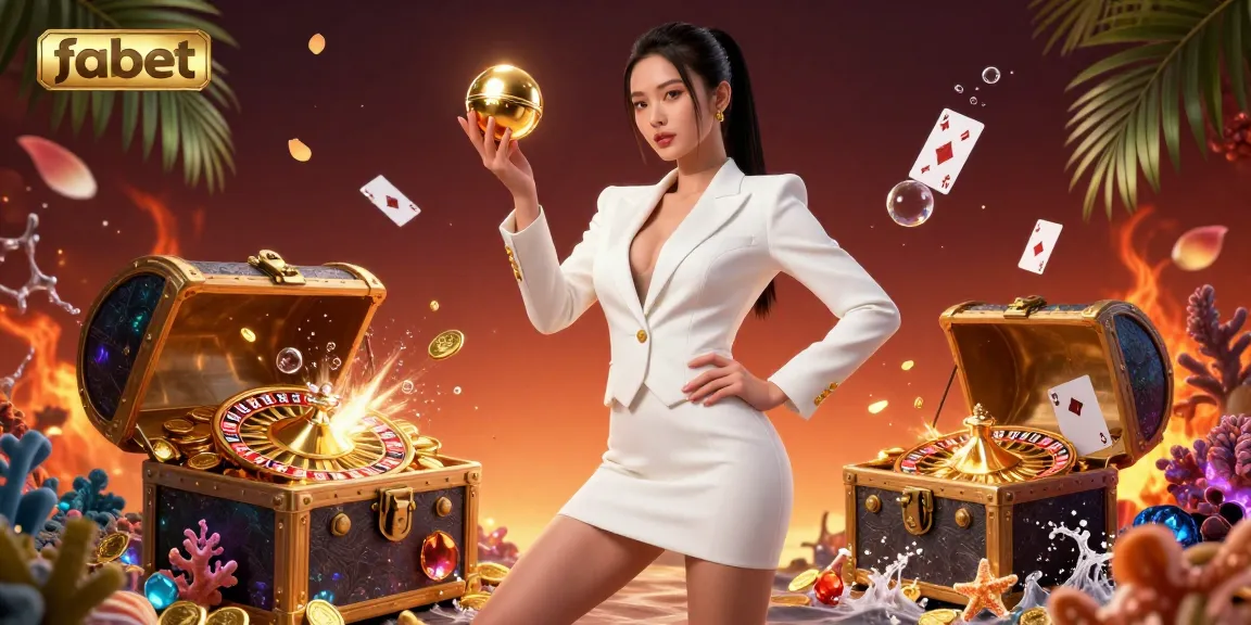 Fabet's stunning Asian woman casino character holding a golden roulette ball surrounded by vibrant game elements.