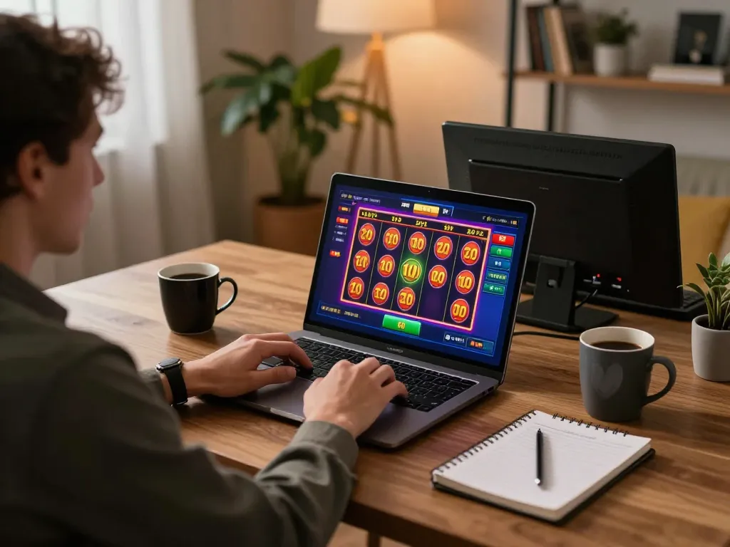 Engaging with slot bet 100 in a cozy home gaming setup, highlighting online casino strategy.