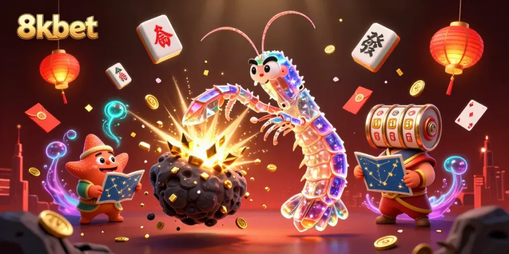 Engage with 8xbet's thrilling gaming world through this vibrant 3D illustration depicting action and excitement.