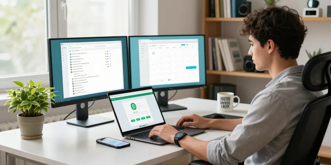 Using WhatsApp電腦版 in a modern home office setup with laptops and smartphones.