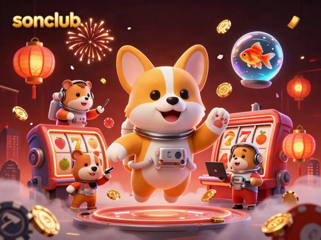 Witness the excitement at sonclub with a floating corgi astronaut in a dynamic space casino scene filled with vibrant game elements.