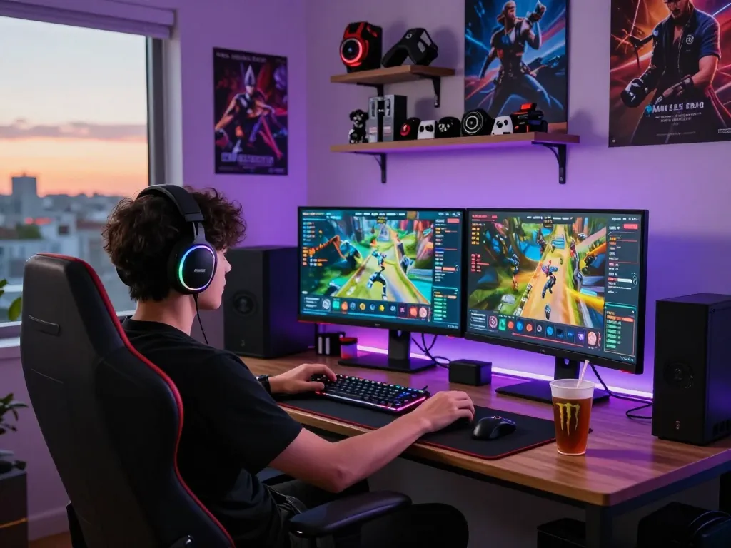 Gamer engaged in an immersive gaming session at ligasedayu.com with dual screens and vibrant lighting