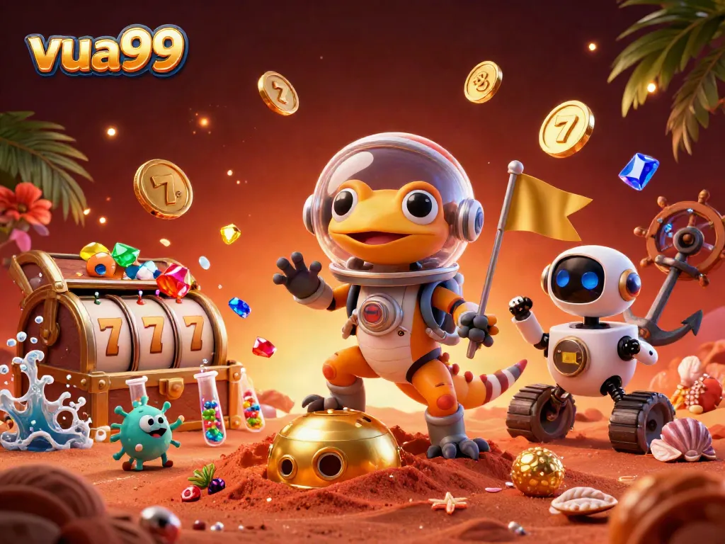 Experience the excitement of VUA99 with a Martian gecko uncovering hidden treasures in a vibrant casino.