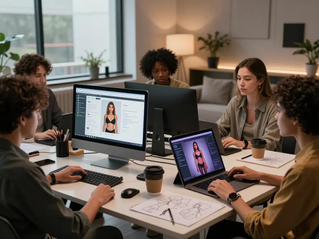 Creators developing ai sex technology in a modern studio environment, emphasizing collaboration and innovation.