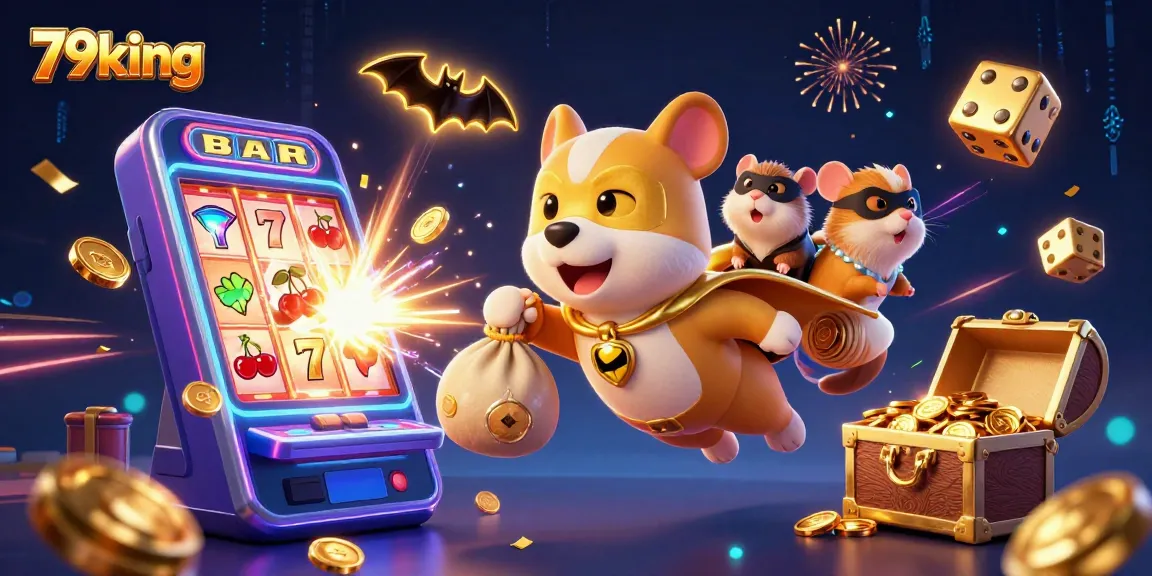 Experience thrilling gaming action with 79king's superhero dog and hamster in a vibrant, dynamic casino scene.