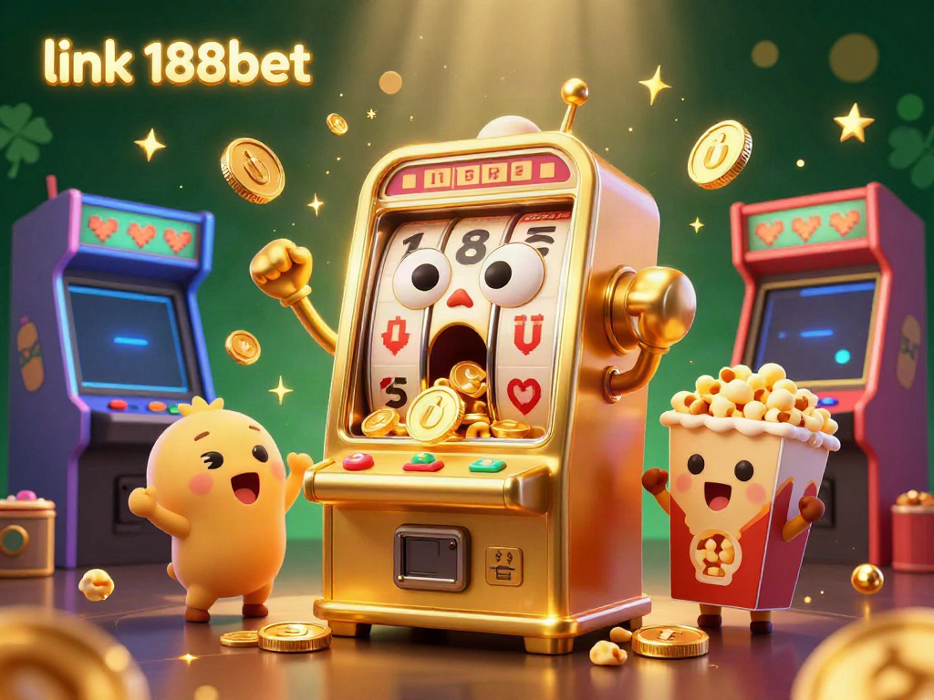 Experience excitement at link 188bet with a golden slot machine winning a jackpot amidst vibrant casino games.