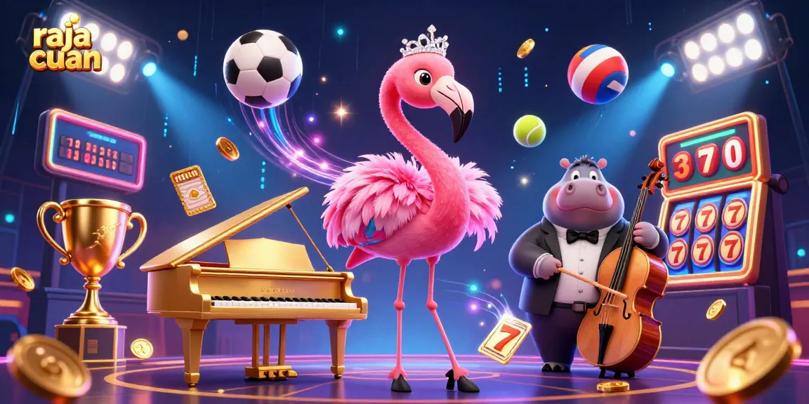Experience the excitement of raja cuan with a flamingo and hippo in a vibrant casino scene.