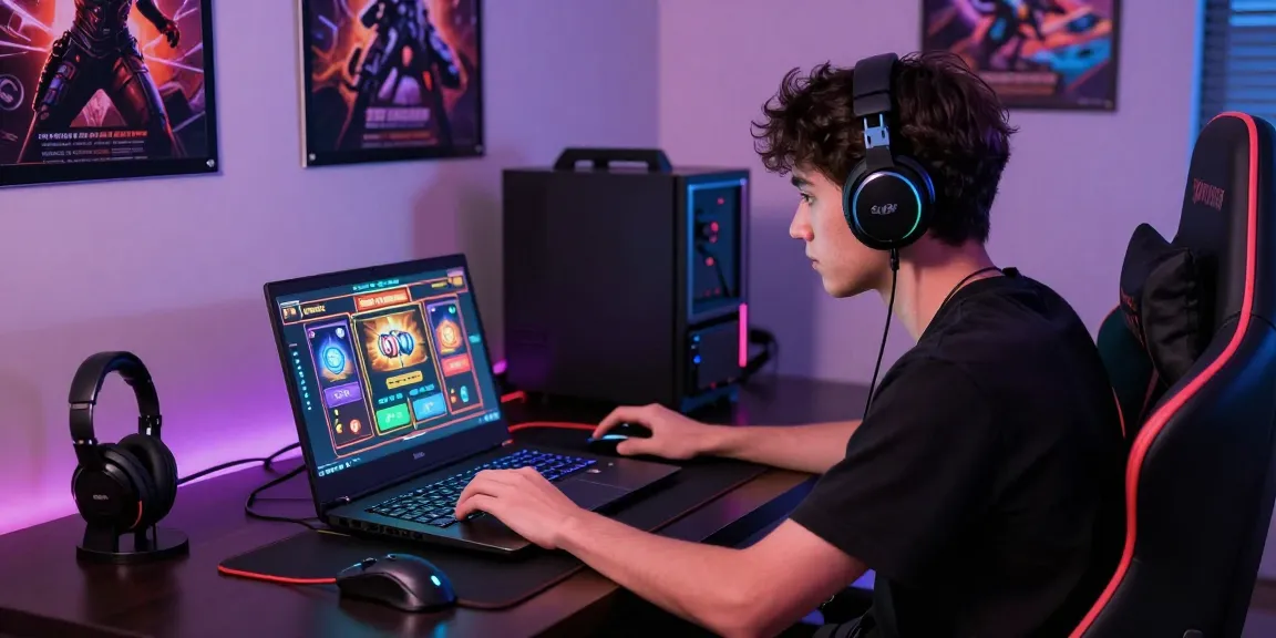 Player enjoying a bro138 online slot game surrounded by high-tech gaming accessories.