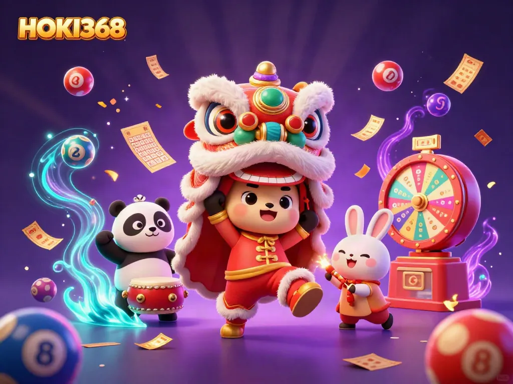 Explore HOKI368's vibrant gaming universe through a 3D illustration of a joyful lion dance surrounded by dynamic lottery elements.