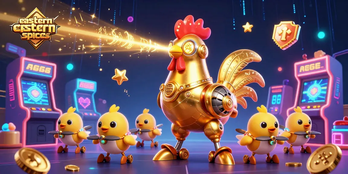 Experience thrilling gameplay with easternspices as the golden rooster robot unleashes laser beams amidst colorful casino elements.