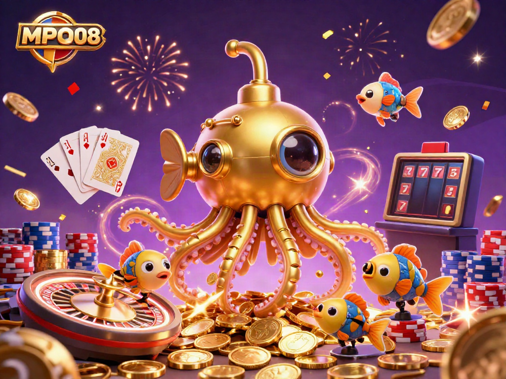 Experience the excitement of MPO08 as a golden kraken submarine navigates a treasure of coins in a vibrant casino scene.