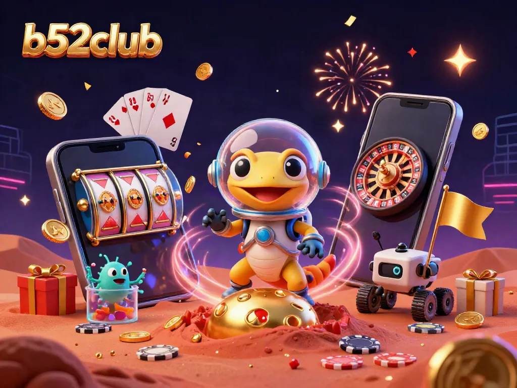 Experience the vibrant gaming scene of b52club with a Martian gecko uncovering a golden casino on Mars.