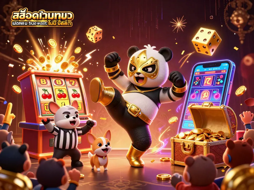 ภาพประกอบของสล็อตเว็บตรง ฝากถอน true wallet ไม่มี ขั้นต่ํา พร้อมกับเวทีและสัญลักษณ์คาสิโนที่มีสีสัน