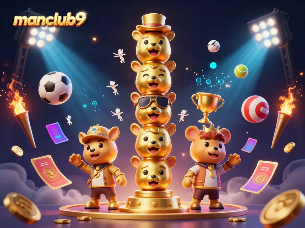 Engage in gaming excitement at manclub9 with animated totem and dynamic sports elements.