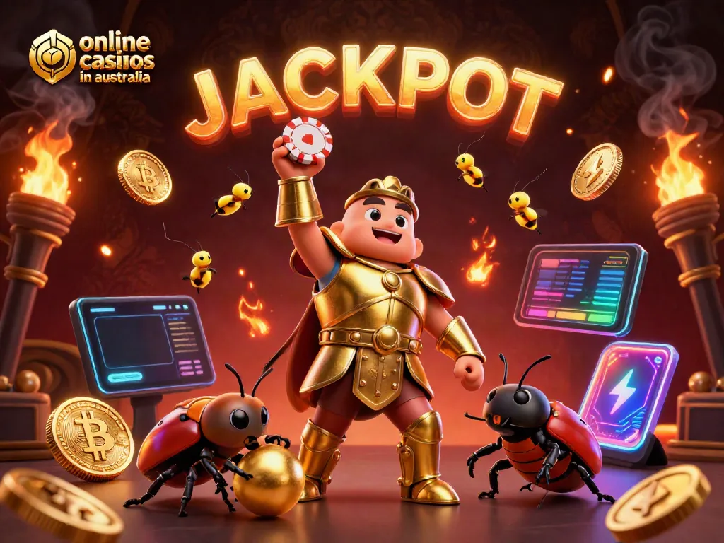 Victory scene of online casinos in Australia featuring a gladiator beetle, crypto coins, and glowing elements.