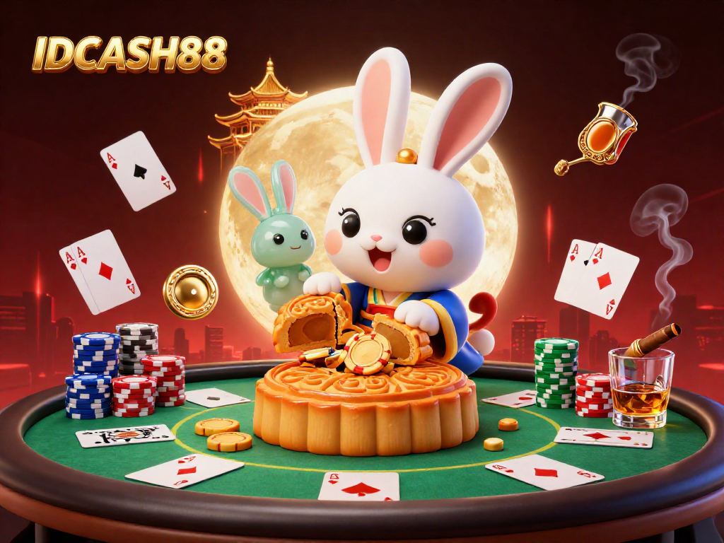 Experience exciting gameplay with IDCASH88 as moon rabbit breaks open mooncakes revealing poker chips amidst vibrant casino elements.