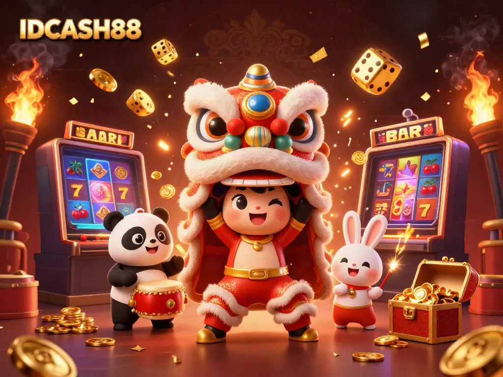 Experience the excitement of IDCASH88 with a dynamic casino scene featuring a lion dance and jackpot explosion.