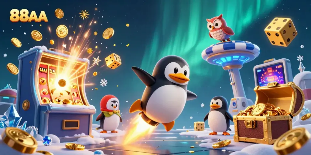 Engaging scene of 88AA featuring a golden penguin and casino elements showcasing thrilling gaming action.