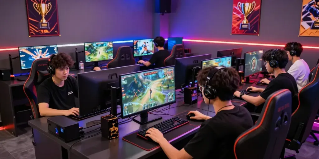 Exciting gaming atmosphere at FIVE88 with diverse players engaged in competitive online gaming.