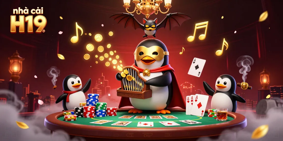 Play games with nhà cái H19 featuring dynamic casino elements and a striking illustration of a penguin character.