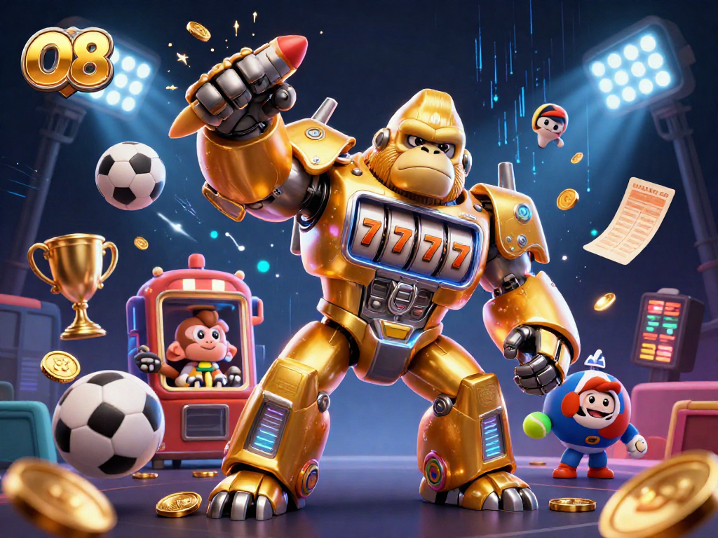 O8 showcases an explosive gaming scene with a golden gorilla mech and dynamic sports elements.