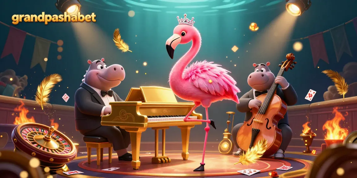 grandpashabet casino illustration featuring a flamingo and hippo performing in a vibrant scene