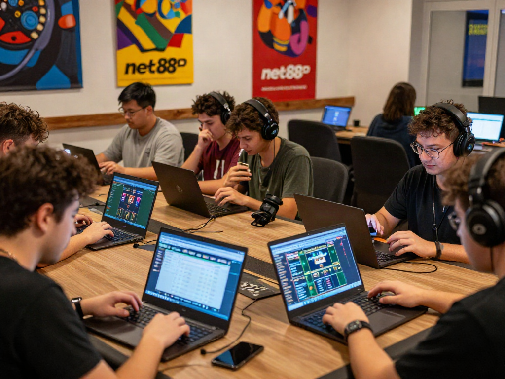 Players excitedly engaging with net88 on laptops and mobiles in a lively gaming lounge.