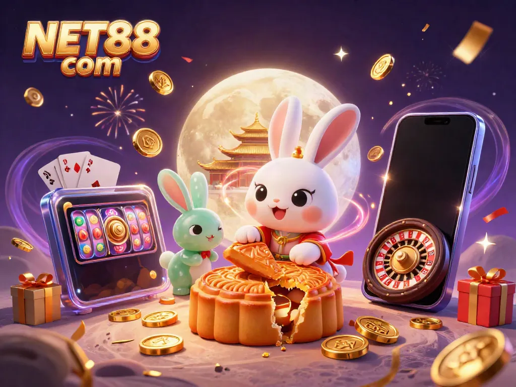Bets fly with NET88 com, featuring a moon rabbit creating winning poker chips amidst golden treasures and a vibrant casino atmosphere