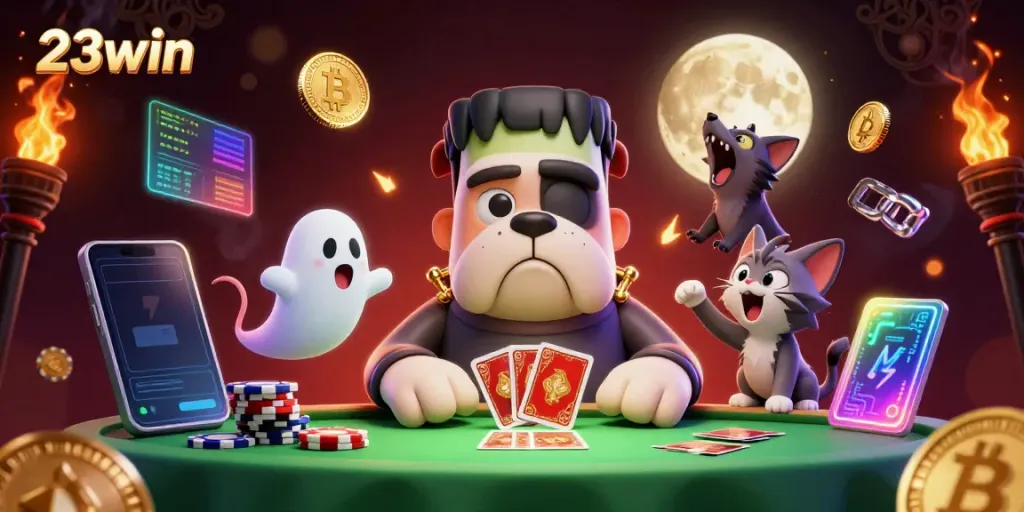 Engage with 23win's vibrant gaming scene illustrated by a quirky Frankenstein bulldog dealing cards with floating crypto coins.