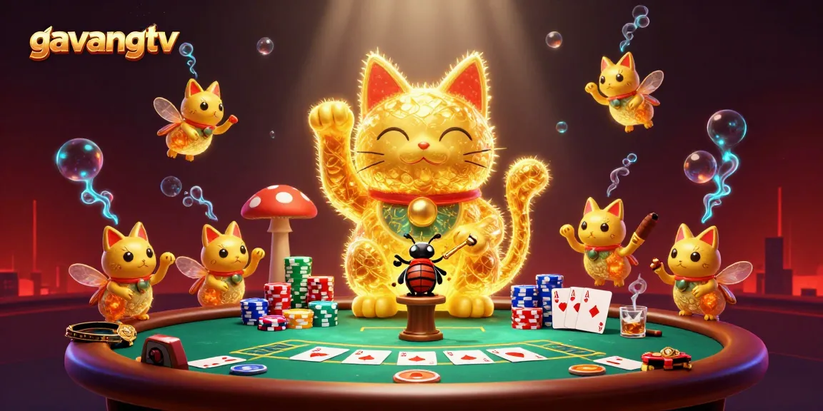 Engage with the excitement of gavangtv, featuring a vibrant lucky cat in a dynamic casino scene.