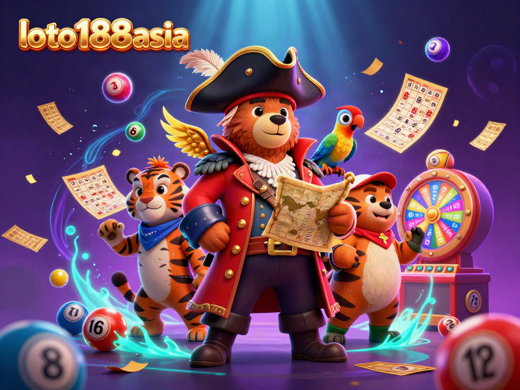 Engage with loto188asia's vibrant lottery scene featuring a pirate bear, tiger, and golden lottery elements.